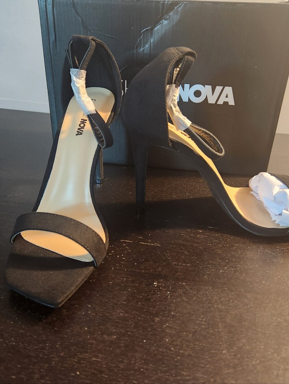 Fashion Nova Black Ankle-Strap Stiletto Sandals. 4inch Heel